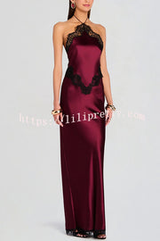 Everly Contrast Color Satin Lace Trim Halter Back Lace-up Flare Maxi Dress