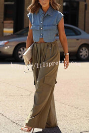 Stylish Weekend Denim Button Up Cape Sleeve Pocket Crop Top