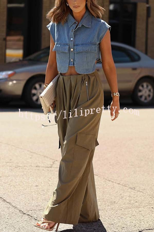 Stylish Weekend Denim Button Up Cape Sleeve Pocket Crop Top