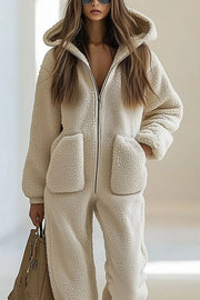 Stylish Plush Hooded Zip-up Casual Pocket Straight-leg Jumpsuit