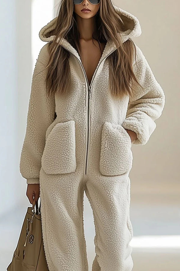 Stylish Plush Hooded Zip-up Casual Pocket Straight-leg Jumpsuit