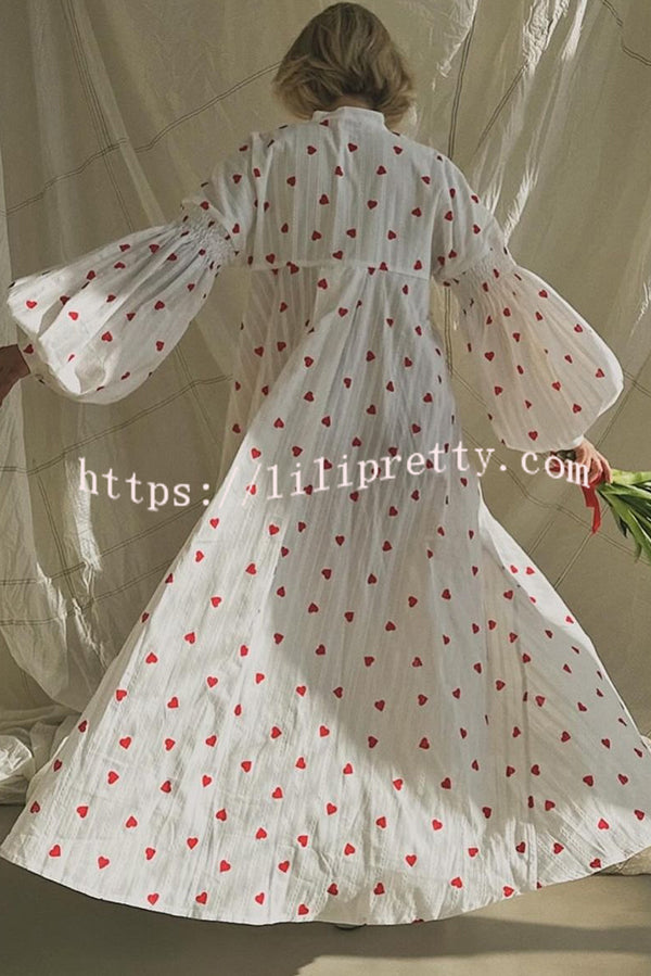 Cute Heart Print Puff Sleeve Loose Shirt Style Maxi Dress