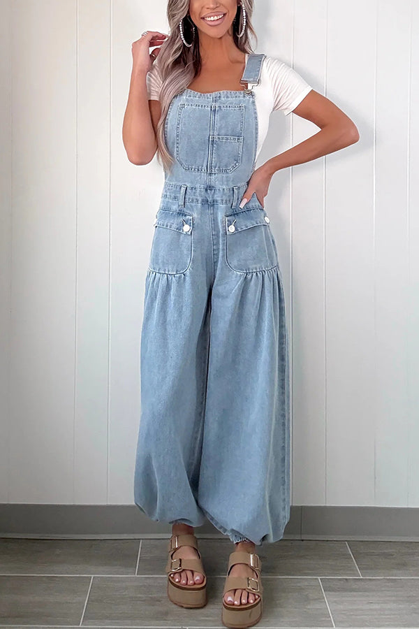 Fashion Casual Pocket Loose Wide-leg Adjustable Leg Cuffs Denim Overalls