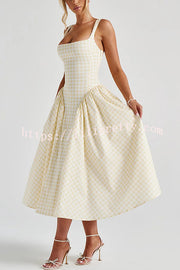 Playful Elf Gingham Square Neck Back Smocked Lace-up Midi Dress