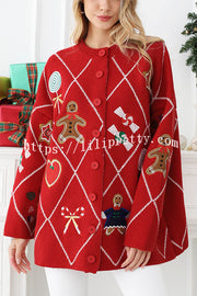 Argyle Candy Gingerbread Man Embroidered Button-knit Cardigan