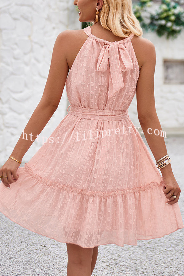 Simple Solid Color Jacquard Patchwork Lace Up Drawstring Mini Dress