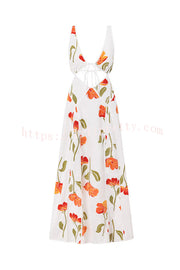 Eliska Linen Blend Poppy Print Cutout Contrast Trim A-line Maxi Dress