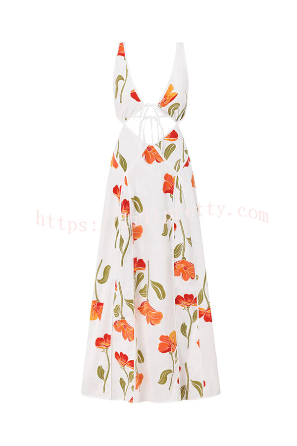 Eliska Linen Blend Poppy Print Cutout Contrast Trim A-line Maxi Dress