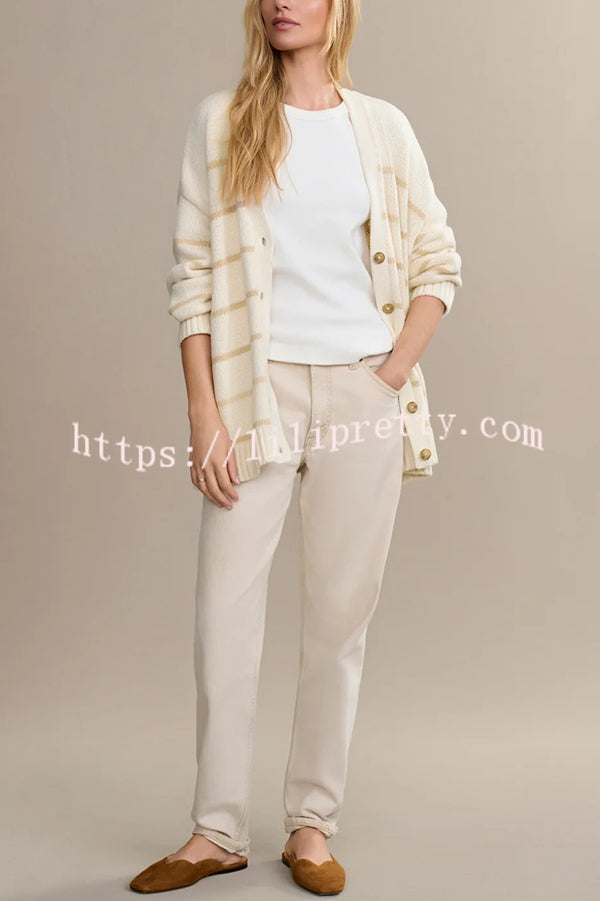 Striped Loose V-neck Long-sleeved Casual Knit Cardigan