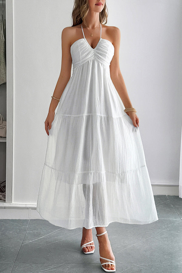 Solid Color Halterneck Tie Casual Holiday Style Maxi Dress