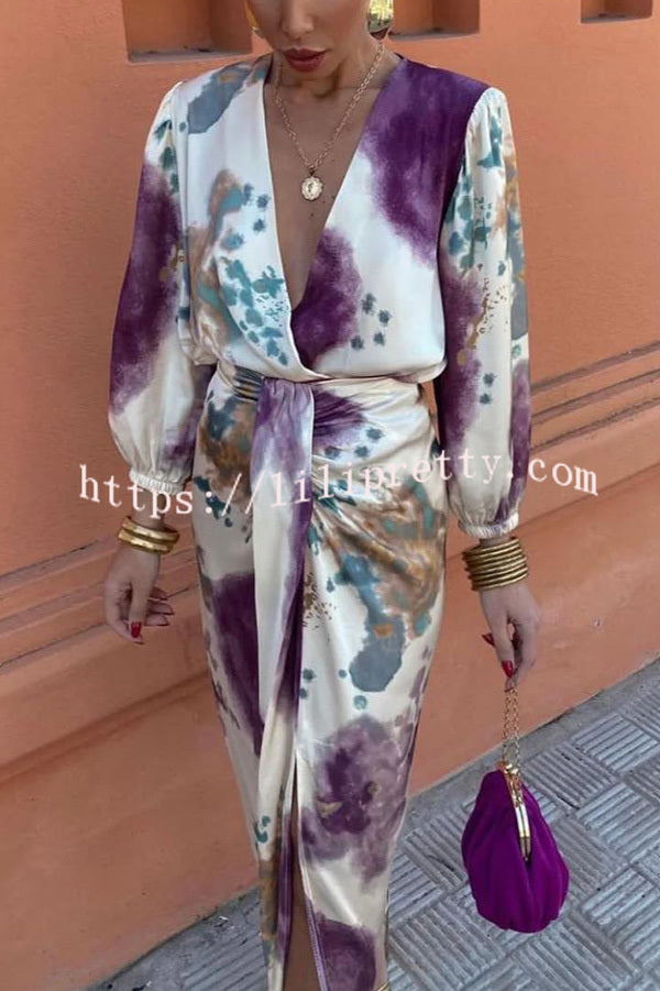 Lilipretty® Luxury Party Satin Tie-dye Print Draped Slit Midi Skirt