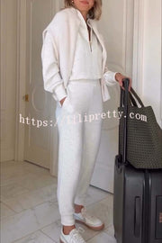 Ivory Marl Fleck Half-Zip Neck Long Sleeve Sweatshirt and Elastic Waist Pocket Jogger Set