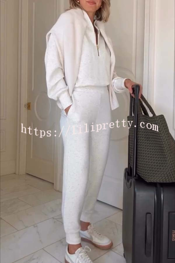 Ivory Marl Fleck Half-Zip Neck Long Sleeve Sweatshirt and Elastic Waist Pocket Jogger Set