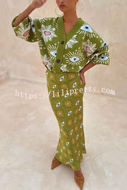 Mysterious Magic Knit Eye Heart Pattern Button Up Long Sleeve Loose Cardigan