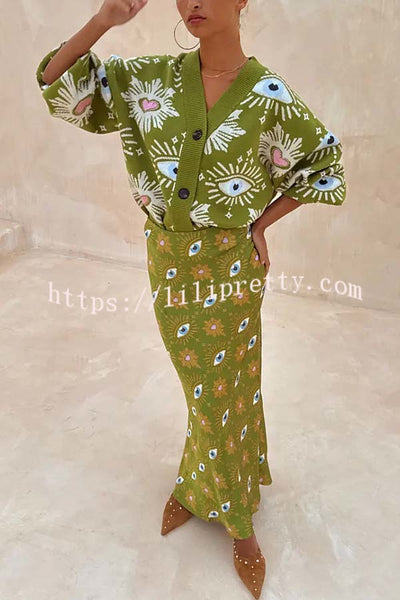 Mysterious Magic Knit Eye Heart Pattern Button Up Long Sleeve Loose Cardigan