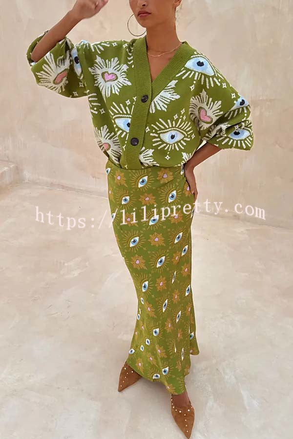 Mysterious Magic Knit Eye Heart Pattern Button Up Long Sleeve Loose Cardigan