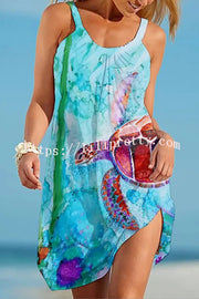 Lilipretty Liberty Island Ocean Turtle Printed Sling Beach Mini Dress