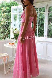 Solid Color V-neck Waist Hollow Slim Maxi Dress