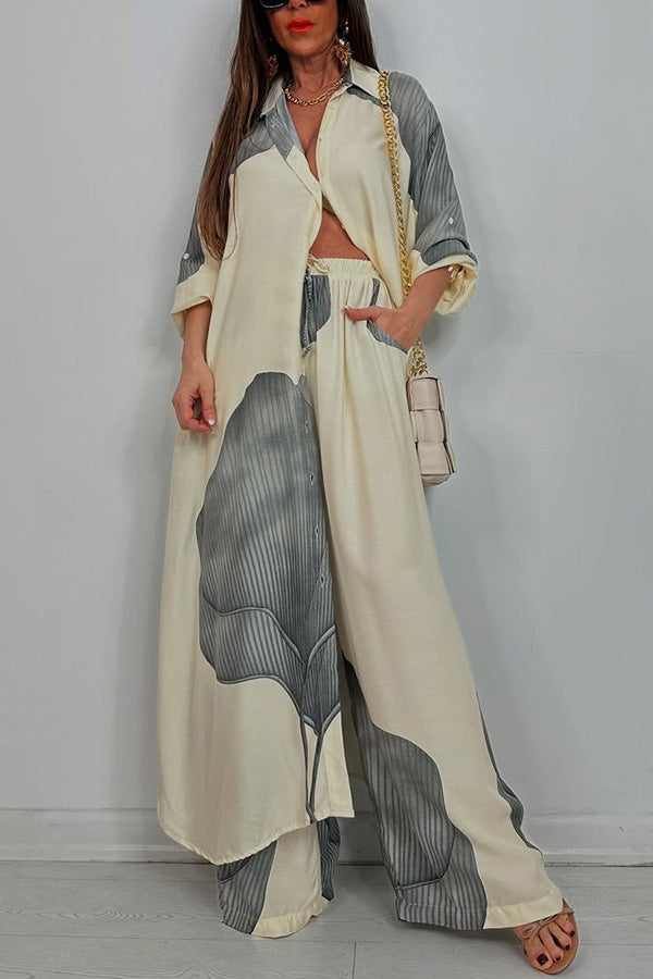 Unique Printed Casual Loose Long Shirt and Elastic Waist Pocket Wide Leg Pants Set