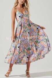 Wedding Party Season Floral Print Pleated Back Tie-up Midi Dress