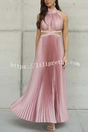Stunning Choice Satin Pleated Halter High Neck Cutout Waist Backless Maxi Dress