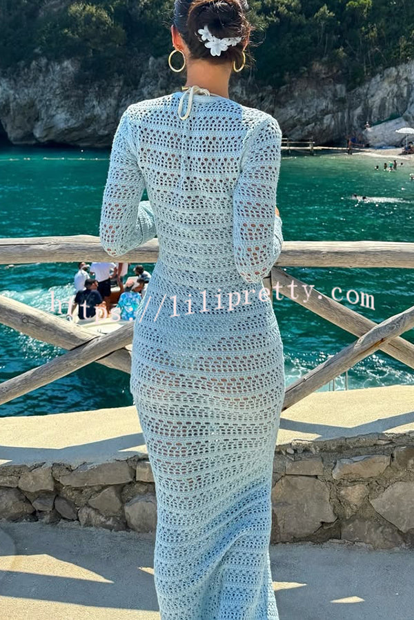 Solid Color Knit Hollow Long Sleeve Vacation Cover Up Maxi Dress