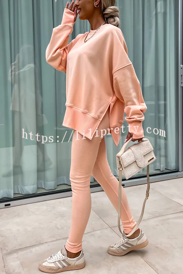 Solid Color Loose Long Sleeve SlitSweatshirt and Elastic Waist Tight Pants Set