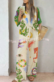 Reeves Linen Blend Unique Print Oversized Blouse and Elastic Waist Pocketed Wide Leg Pants Set