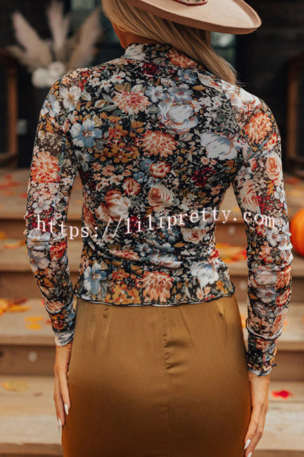 Floral Print Turtleneck Long Sleeve Stretch Bottoming Shirt