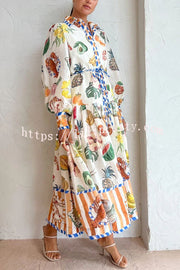 Lilipretty Hopeful Moments Tropical Fruit Print Balloon Sleeve Patchwork Shirt Midi Dress