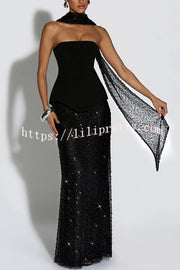 Oakley Corset Strapless Top and Sequin High Rise Maxi Skirt Scarf Set