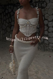 Mirina Hollow Crochet Knit Pearl Trim Heart Collar Crop Vacation Tank