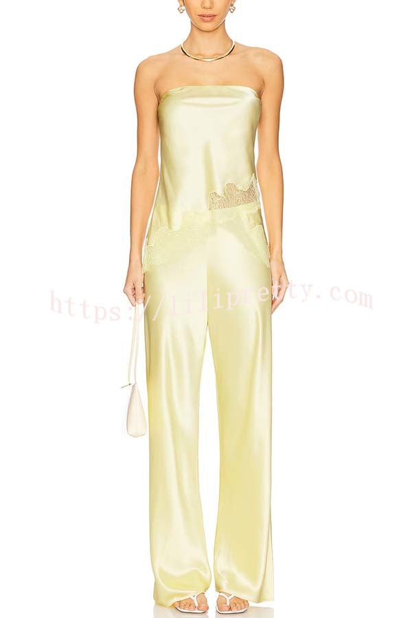 Odessa Satin Floral Lace Hem Strapless Tank and Mid Rise Wide Leg Pants Set