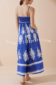 Unique Ethnic Print Suspender Pleated Top and Elastic Waist Loose Wide-leg Pants Set