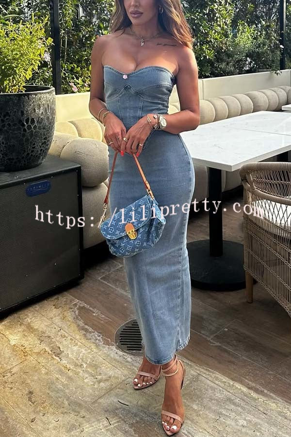Cutie Denim Rosette Detail Corset Off Shoulder Stretch Maxi Dress