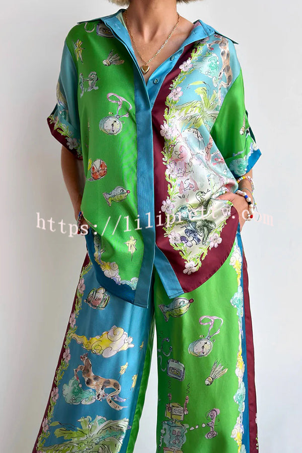 Unique Printed Lapel Short-sleeved Loose Shirt and Elastic Waist Tie Wide-leg Pants Set
