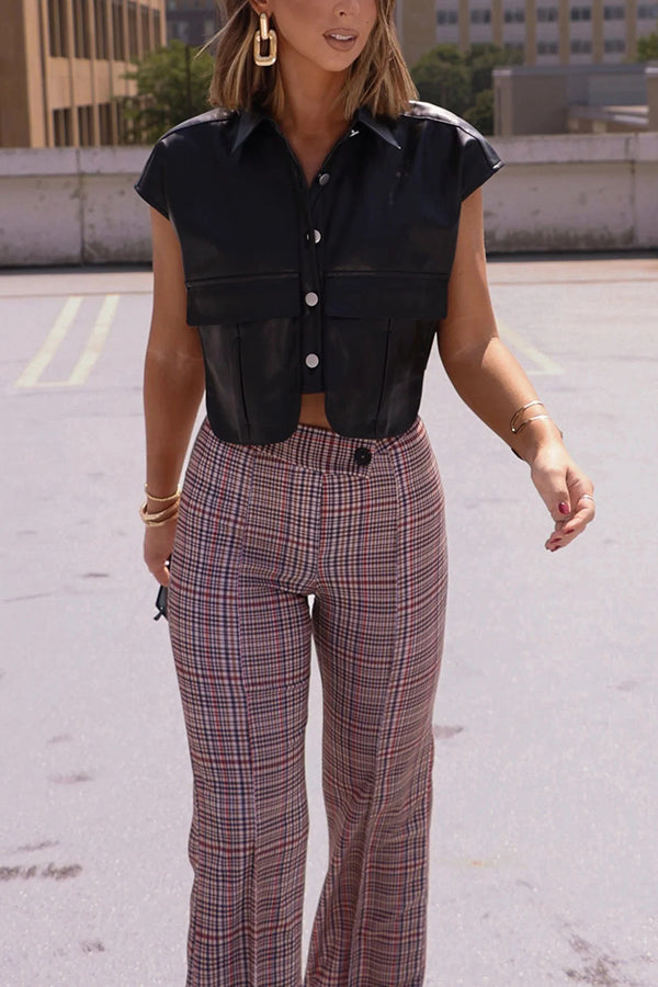 Fashion Faux Leather Pocket Sleeveless Cropped Jacket