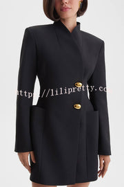 Kayleen Stand V-neck Decorative Metal Button Long Sleeve Pocket Blazer Mini Dress
