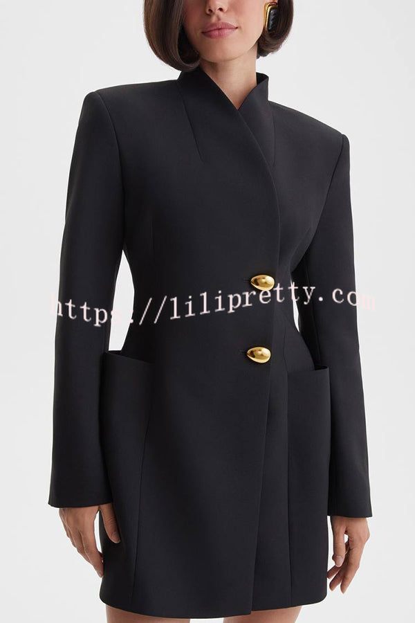 Kayleen Stand V-neck Decorative Metal Button Long Sleeve Pocket Blazer Mini Dress