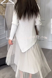 Jensine Ribbed Knit Irregular Loose Sweater and Pleated Tulle Tank Midi Dress Two-piece Set