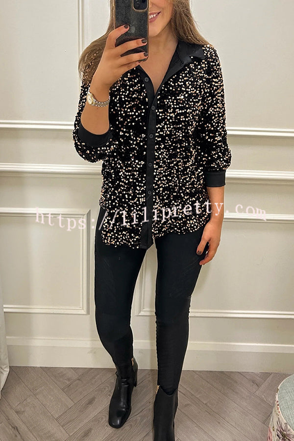 Fashion Velvet Sequined Loose Casual Long-sleeved Shirt