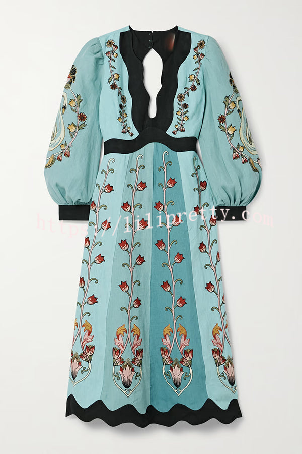 Flowing Beauty Linen Blend Floral Print Balloon Sleeve Open Back Midi Dress