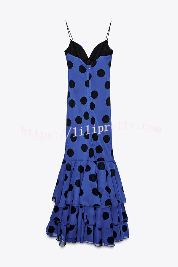 Eliora Mesh Polka Dot Print Gathered Bust Layered Fishtail Hem Maxi Dress