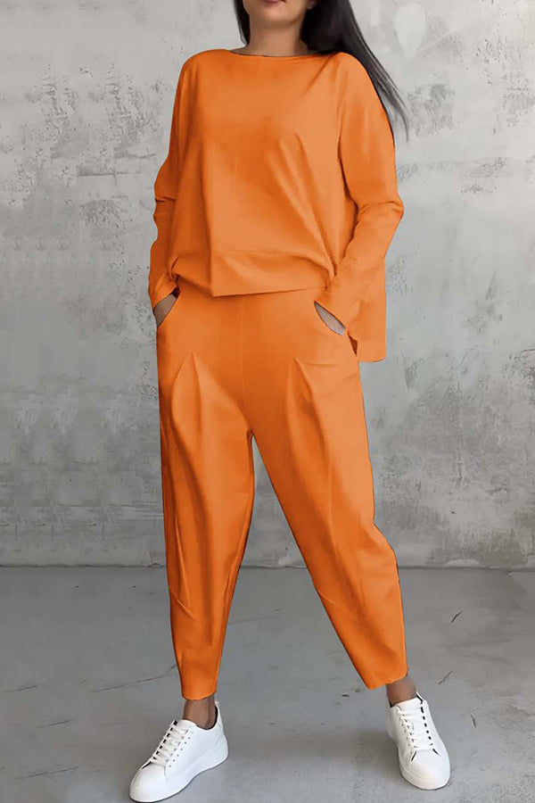 Solid Color Crew Neck Long-sleeved Irregular Loose Top and Elastic Waist Pocket Casual Pants Set