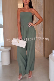 Linen Blend Solid Color Off-the-shoulder Pleated Casual Pocket Wide-leg Jumpsuit