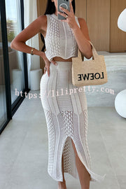 Solid Color Sleeveless Hollow Knit Crop Top and Elastic Slit Slim Midi Skirt Set