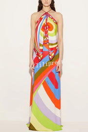 Artistic Girl Satin Unique Print Metal Chain Halter Draped Scarf Tank