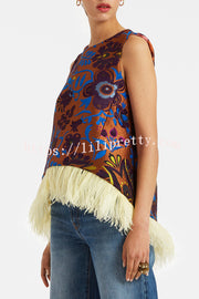 Emina Floral Feather Trim Trapezoidal Silhouette Asymmetrical Hem Top