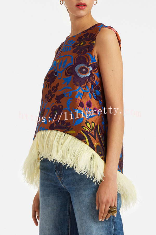 Emina Floral Feather Trim Trapezoidal Silhouette Asymmetrical Hem Top