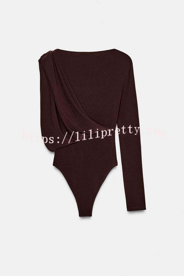 After Party Energy Brooch Detail One Sleeve Ruched Drape Stretch Bodysuit